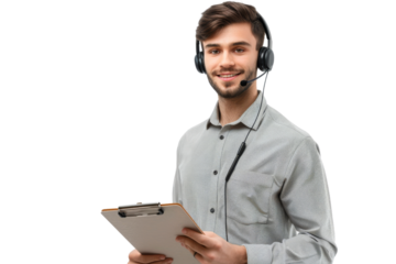 Young male call center representative in formal attire with headset, smiling, isolated on white background