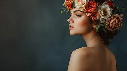 Naklejka premium Woman with Floral Headpiece: A woman wearing a delicate floral headpiece, looking pensively to the side. 