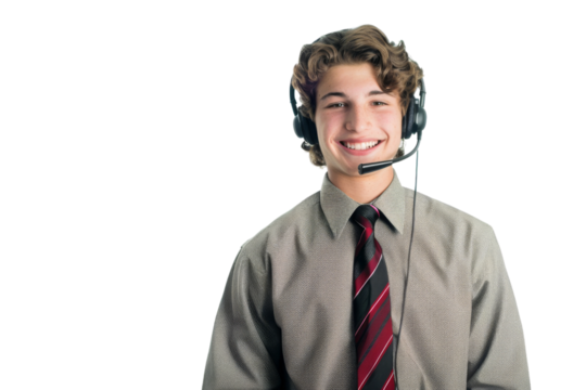 Young male call center representative in formal attire with headset, smiling, isolated on white background