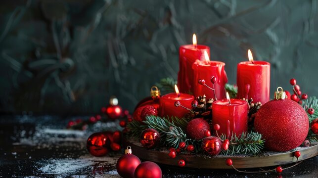 Third advent wreath with red candles and Christmas decorations, background copy space