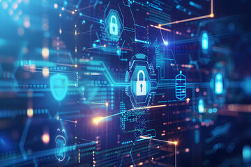 A computer screen with a blue background and a lot of different icons, including a lock. The lock icon is surrounded by other icons, and the overall image gives off a sense of security and protection