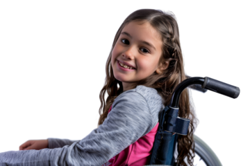 Young girl in wheelchair smiling brightly isolated on white background