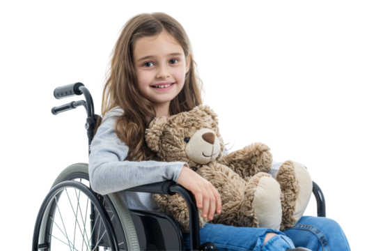 Young girl in wheelchair smiling brightly isolated on white background