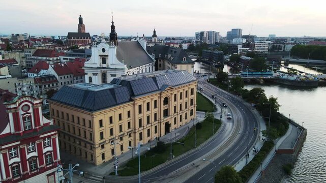 European beautiful city ancient architecture Flight over shooting from a drone Wroclaw Poland