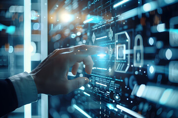 A hand is pointing at a screen with a blue background and a blue and white logo. The logo is a security symbol, and the hand is hovering over it. Concept of security and protection