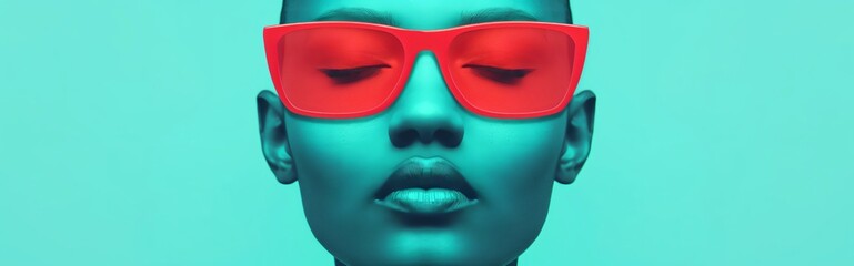 Panoramic banner with a young woman in red sunglasses poses elegantly against a turquoise backdrop, exuding modern glamour and trendy style