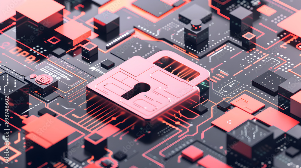 Wall mural a computer chip with a red lock on it. the lock is surrounded by a black background. concept of secu