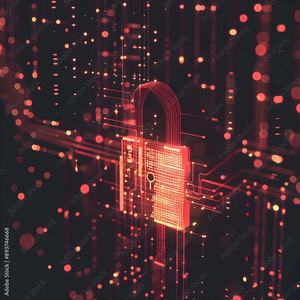 Wall mural a red and black image of a lock with a key on it. the lock is surrounded by a lot of dots, giving it
