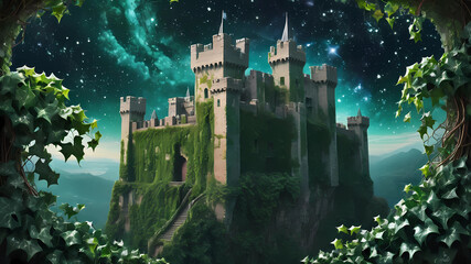 emerald fortress with ivy and a galaxy backdrop, romance, hd, castle, for pin printing