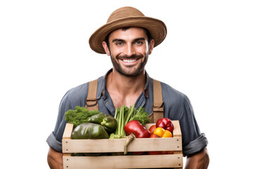 Young farmer with a basket of apples standing joyfully Isolated on white background