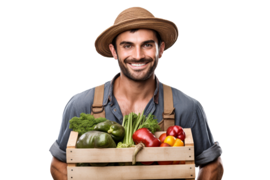 Young farmer with a basket of apples standing joyfully Isolated on white background - Powered by Adobe