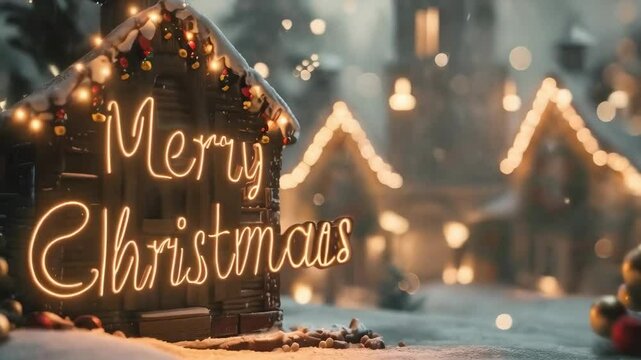 A cozy, snowy village at night adorned with festive lights and decorations features a prominent "Merry Christmas" sign. The warm glow from the lights provides a cheerful holiday atmosphere.