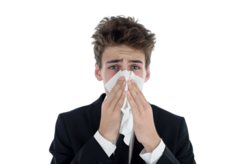 Young businessman with runny nose using tissue isolated on white background