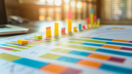 Close-up of papers, documents on a desk in an office with graphs, diagrams, or charts with investment analysis, finance, profit, graphically displayed on a table, business statistics, economic growth.