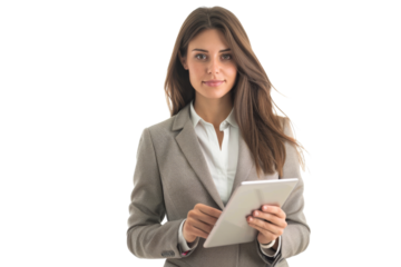 Woman supervisor in business attire holding a tablet Isolated on white background