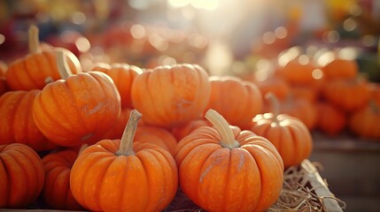 Closeup pumpkins for sale at market wooden stand