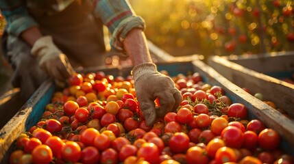 Closeup male farmer hand picking tomatoes on agriculture field