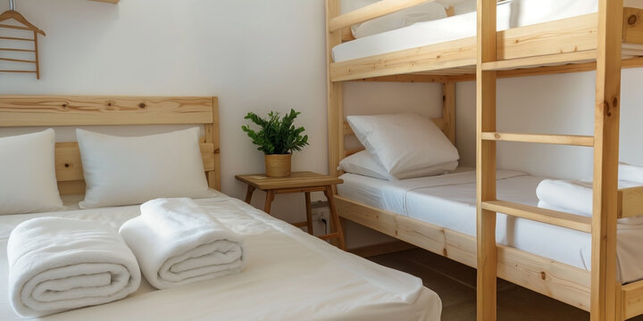 minimalistic hostel room featuring a bunk bed with white bedding and a small wooden bedside table