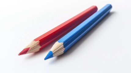 Fototapeta premium Two dual colored pencils red and blue isolated on white background