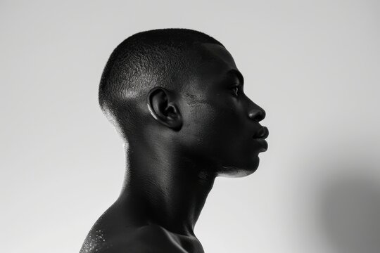 an African American man in profile, seen from behind with his head turned slightly to the right on white background, black and White photo, studio lighting Generative AI