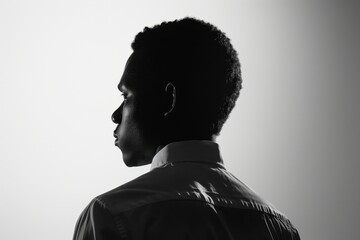 a black man in profile, seen from behind wearing a business shirt on a white background, backlit in the style of a black and white photography Generative AI