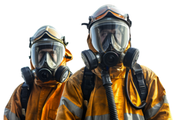 Unrecognizable firefighter team in protective uniforms isolated on white background