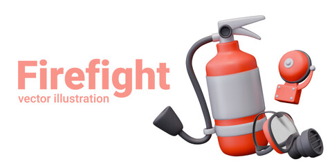 Realistic fire extinguisher, mask with respirator, fire bell. Items for signaling about danger