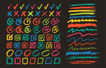 Collection Of Colorful Hand-drawn Check Marks, X Marks, Squares And Lines On Black Background. Sketches And Drawings