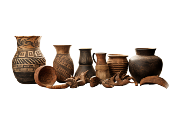 Traditional Daine Tribe pottery and artifacts isolated on white background