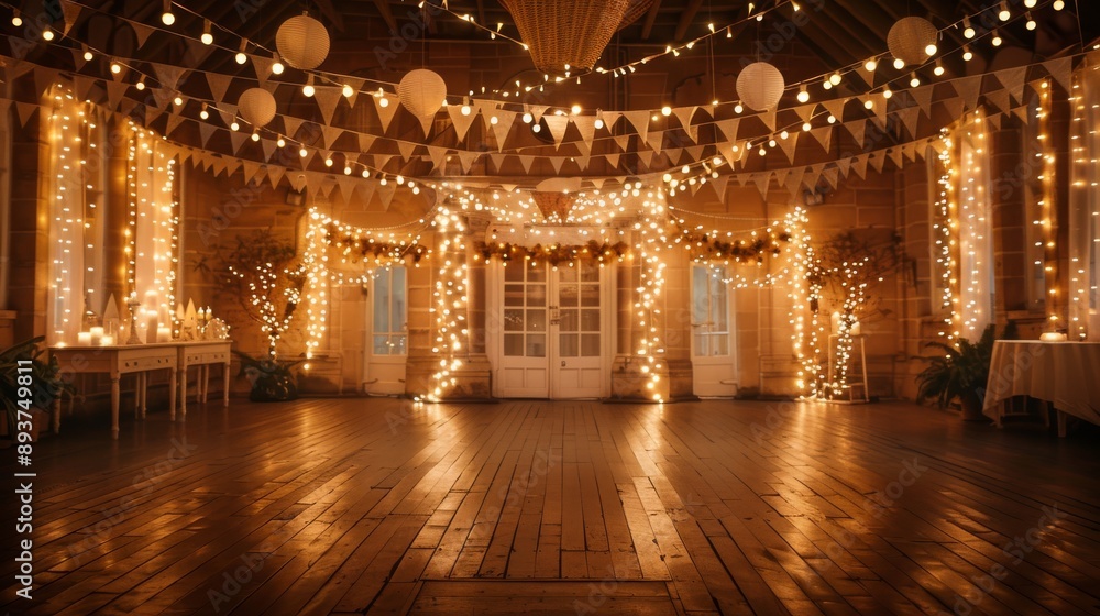 Poster a warm and inviting space illuminated by string lights and lanterns with a wooden floor and a welcom