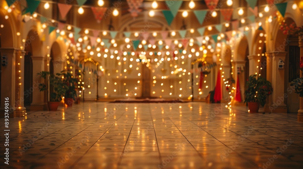 Poster a warm inviting space with soft golden lights and colorful flags strung across the ceiling