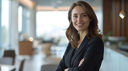 Obraz premium Woman in Business Attire: A confident woman in professional business attire, smiling against a modern office backdrop. 