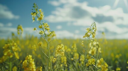 Fototapeta premium Close up view of maturing canola oil plants