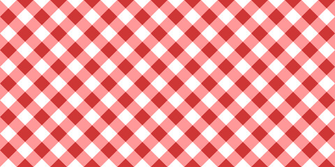 Red and white diagonal gingham or vichy pattern. Textile design. Traditional tablecloth, picnic plaid, basket napkin, towel or handkerchief print. Checkered background. Vector flat illustration.