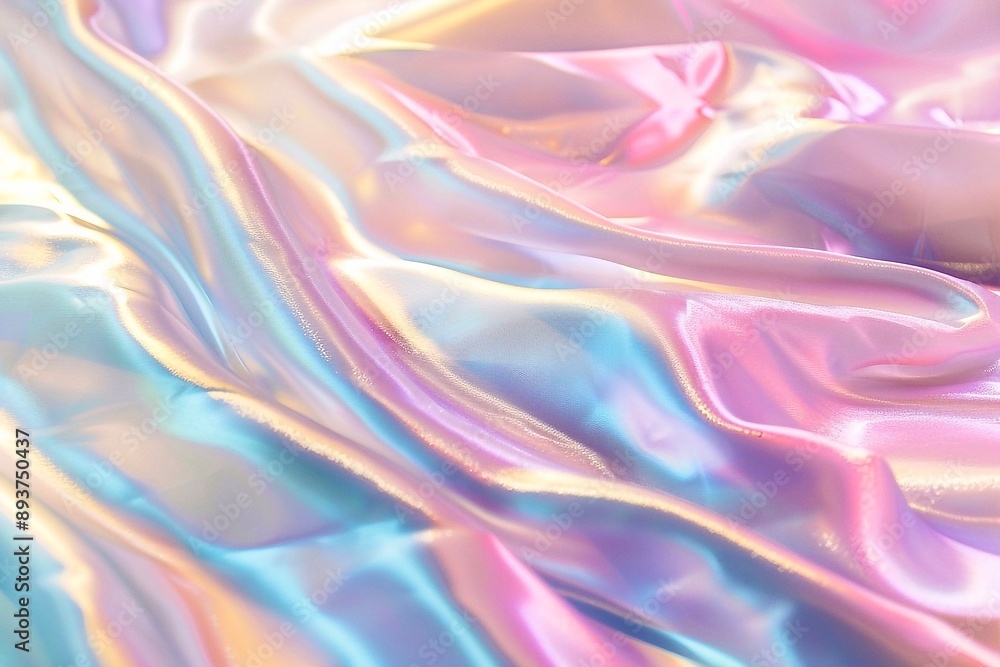 Poster hypnotic play of light on an iridescent surface where colors gently transition from pink to blue, gr