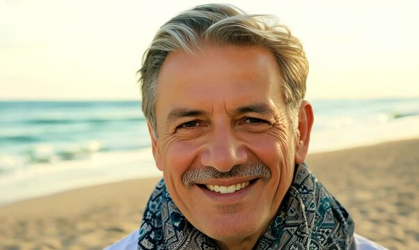 Medium shot portrait video of a cheerful man in his 40s wearing a foulard against a beach background