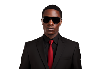 Stylish young African American man wearing a suit and sunglasses Isolated on white background