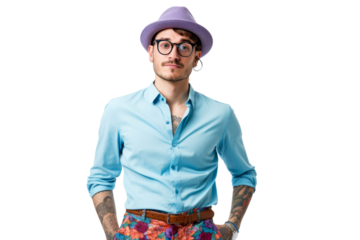 Stylish queer man in trendy outfit posing with hand on hip Isolated on white background