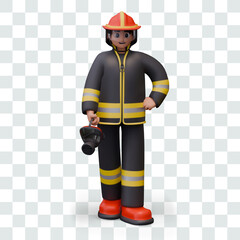 3D firefighter in protective uniform and helmet with shield. Male rescuer character standing