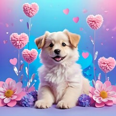 3d fluffy cute puppy sitting surrounded by flowers floral hearts. Background - small scattered hearts in pink, purple, blue colors