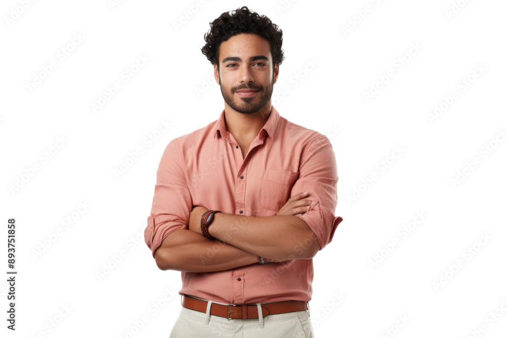 Wall mural Stylish ethnic man in casual attire with arms crossed Isolated on white background