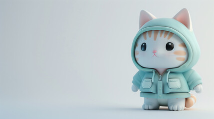 Adorable 3d chibi cat in a mint green hoodie jacket with large eyes isolated on light background, copy space image.