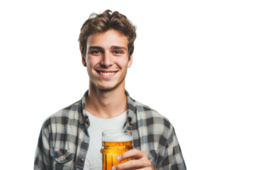 Smiling young man holding beer glass confidently isolated on white background