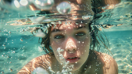 Fototapeta premium Ocean's Lullaby: A Photorealistic Portrait of a Girl Drifting in a Transparent Sea