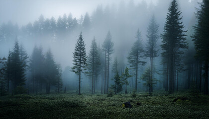 Scenic forest with mist, tall trees and lush greenery, serene atmosphere. Morning mystic fog