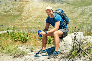 Man, water and backpack with hiking portrait for fitness adventure, break and relax to explore the...