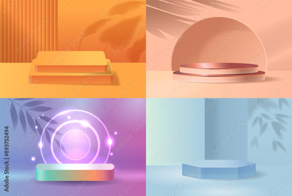 Aufkleber collection of four colorful podiums with distinct shadows and abstract backgrounds. realistic 3d vec