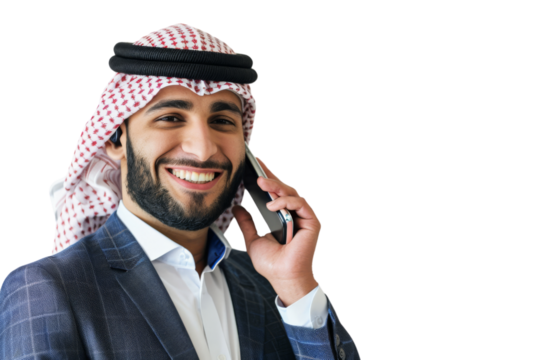 Smiling Middle Eastern businessman making a phone call Isolated on white background