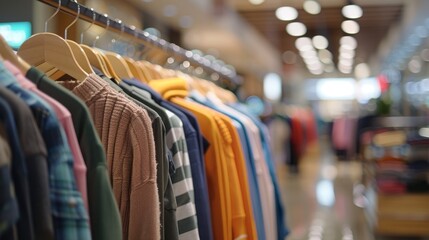 Obraz premium A closeup view of clothes hanging on a rack in a store showcasing a variety of apparel and styles