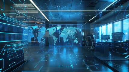 Futuristic Office Interior with Digital World Map